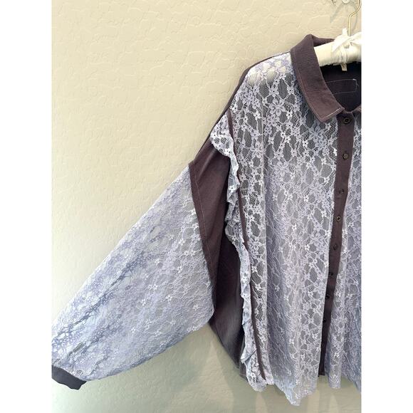 POL | Boho Lavender Lace Button Up Shirt Ruffle Trim Sheer Romantic Top | Large - Picture 4 of 9